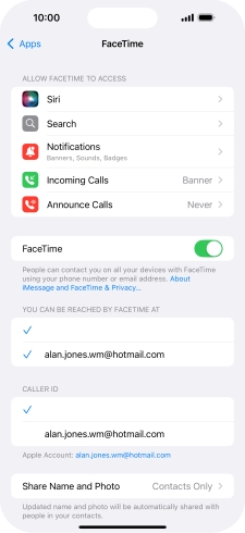 Press the indicator next to 'FaceTime' to turn the function on or off.