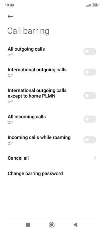Press the required barring type to turn the function on or off.