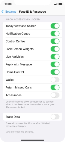 Press the indicator next to 'Erase Data' to turn the function on or off.