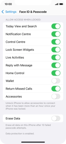 Press the indicator next to 'Erase Data' to turn the function on or off.