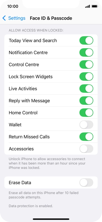 Press the indicator next to 'Erase Data' to turn the function on or off.