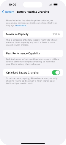Press the indicator next to 'Optimised Battery Charging' to turn the function on or off.