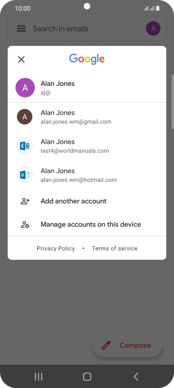 Press the required email account. Press the required email account.