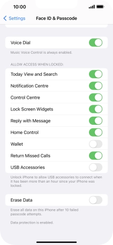 Press the indicator next to 'Erase Data' to turn the function on or off.