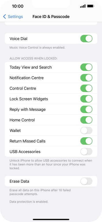 Press the indicator next to 'Erase Data' to turn the function on or off.