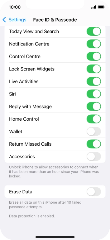 Press the indicator next to 'Erase Data' to turn the function on or off.