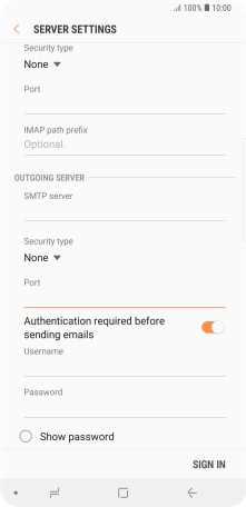 Press the indicator next to 'Authentication required before sending emails' to turn on the function.
