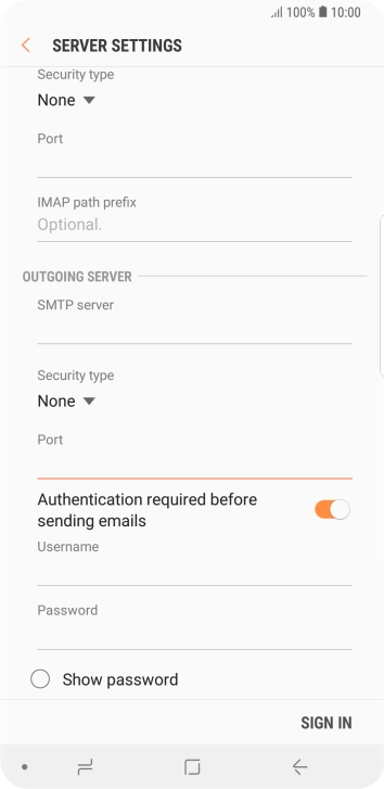 Press the indicator next to 'Authentication required before sending emails' to turn on the function.