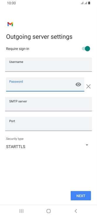 Press the field below 'SMTP server' and key in the name of your email provider's outgoing server. Press the field below 'SMTP server' and key in the name of your email provider's outgoing server.
