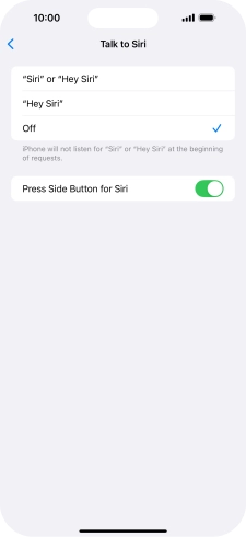 Press the required setting to turn the function on or off. If you turn on the function, you need to follow the instructions on the screen to set up Siri to recognise your voice.