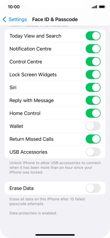 Press the indicator next to 'Erase Data' to turn the function on or off.