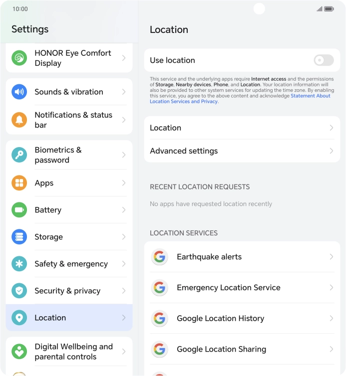 Press the indicator next to 'Use location' to turn the function on or off. Press the indicator next to 'Use location' to turn the function on or off.