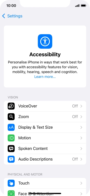 Press the required category below 'VISION' and follow the instructions on the screen to select the required settings.