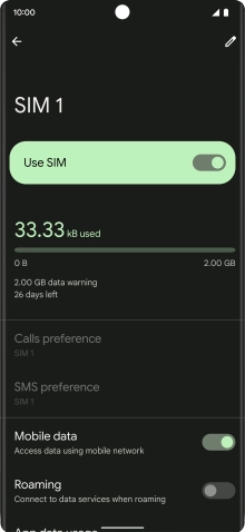 Press the indicator next to 'Mobile data' to turn the function on or off.