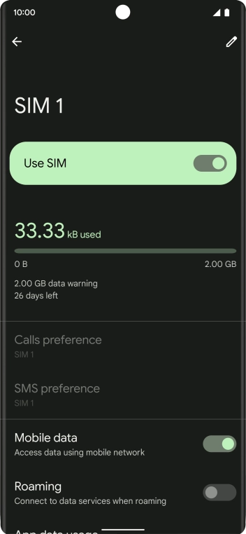 Press the indicator next to 'Mobile data' to turn the function on or off. Press the indicator next to 'Mobile data' to turn the function on or off.
