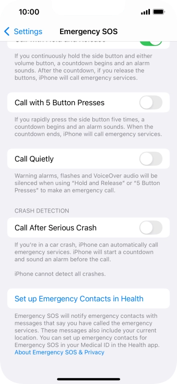 Press the indicator next to 'Call After Serious Crash' to turn on the function.