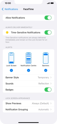 Press the indicator next to 'Allow Notifications' to turn notifications for the selected application on or off.