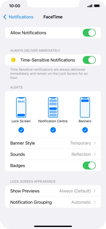 Press the indicator next to 'Allow Notifications' to turn notifications for the selected application on or off.