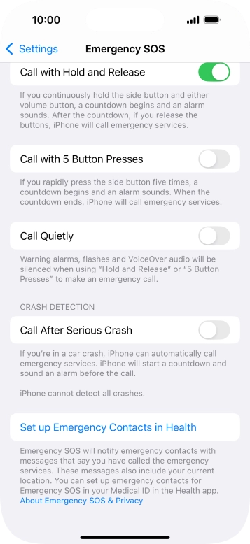 Press the indicator next to 'Call After Serious Crash' to turn on the function.