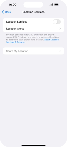 Press the indicator next to 'Location Services' to turn the function on or off.
