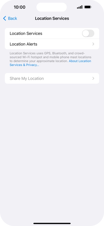 Press the indicator next to 'Location Services' to turn the function on or off.