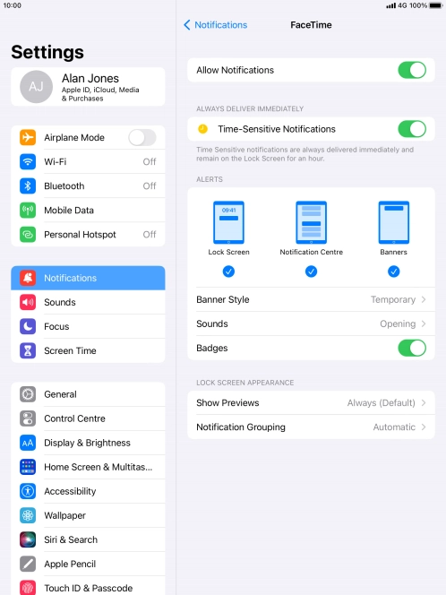 Press the indicator next to 'Allow Notifications' to turn notifications for the selected application on or off.
