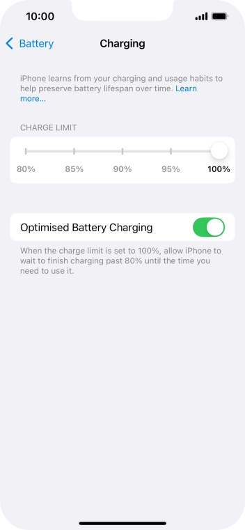 Press the indicator next to 'Optimised Battery Charging' to turn the function on or off.