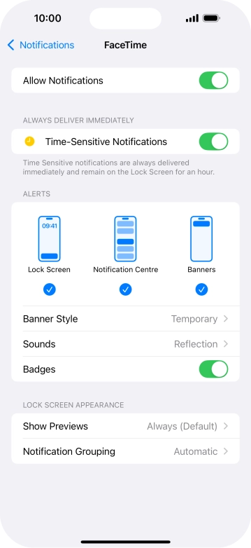 Press the indicator next to 'Allow Notifications' to turn notifications for the selected application on or off.