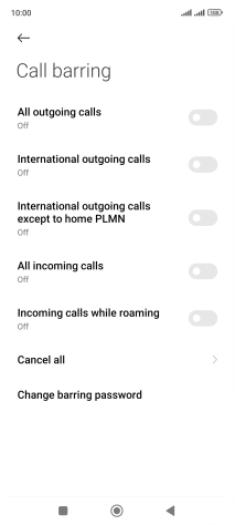 Press the indicator next to the required barring type to turn the function on or off.