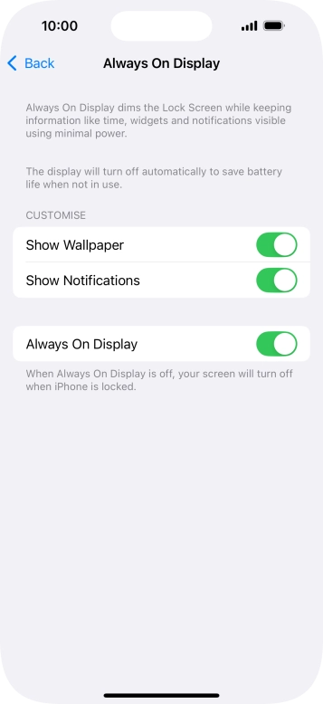 Press the indicator next to 'Always On Display' to turn the function on or off. Press the indicator next to 'Always On Display' to turn the function on or off.