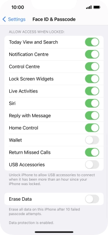 Press the indicator next to 'Erase Data' to turn the function on or off.