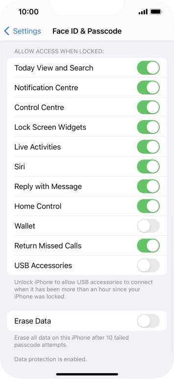 Press the indicator next to 'Erase Data' to turn the function on or off.