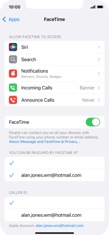 Press the indicator next to 'FaceTime' to turn the function on or off.