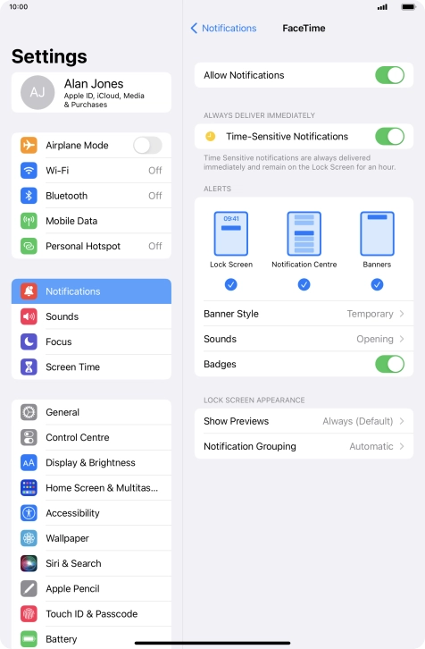 Press the indicator next to 'Allow Notifications' to turn notifications for the selected application on or off.