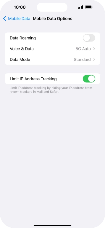 Press the indicator next to 'Data Roaming' to turn the function on or off.