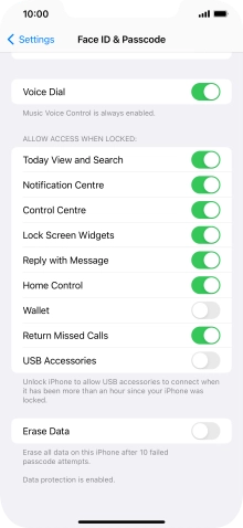 Press the indicator next to 'Erase Data' to turn the function on or off.