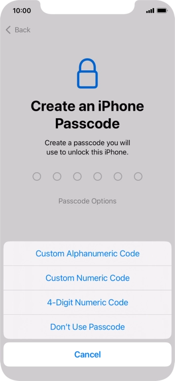 Follow the instructions on the screen to turn on the lock code or press Don't Use Passcode.