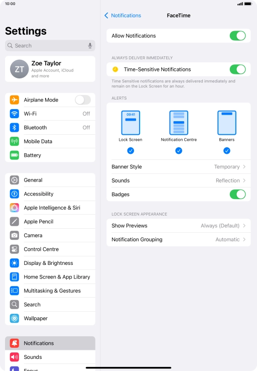 Press the indicator next to 'Allow Notifications' to turn notifications for the selected application on or off. Press the indicator next to 'Allow Notifications' to turn notifications for the selected application on or off.