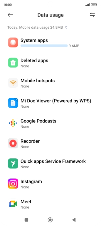 The data usage for each application is displayed below the name of the application.