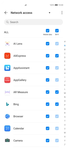 Press the field next to the application name in the 'Mobile data' column to turn the function on or off.