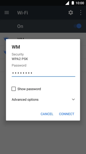 Key in the password for the WiFi network and press CONNECT.