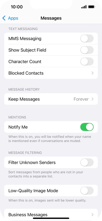Press the indicator next to 'MMS Messaging' to turn on the function.