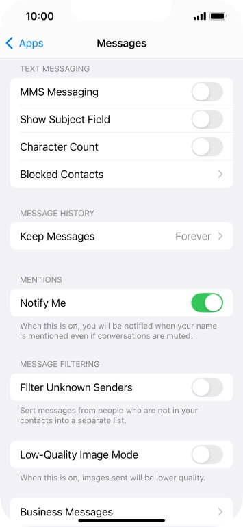 Press the indicator next to 'MMS Messaging' to turn on the function.