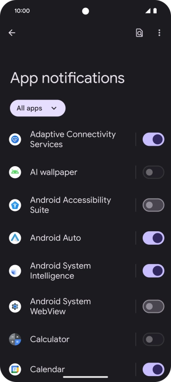 Press the indicator next to the required apps to turn the function on or off.