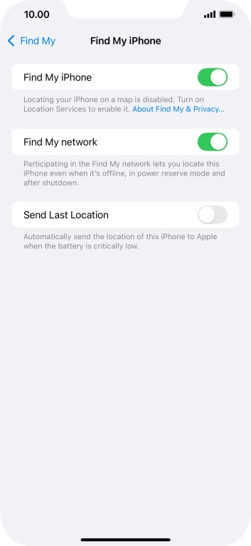 Press the indicator next to 'Find My network' to turn the function on or off. If you turn on the function, you need to follow the instructions on the screen to finish the activation.