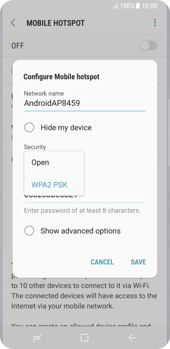 Press WPA2 PSK to password protect your WiFi hotspot.