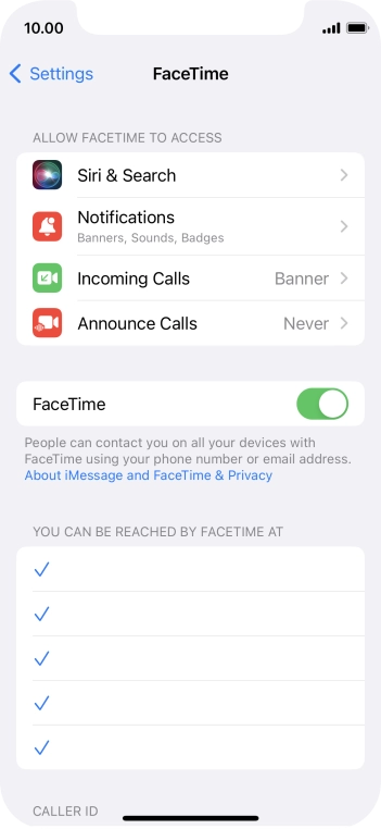 Press the indicator next to 'FaceTime' to turn the function on or off. Press the indicator next to 'FaceTime' to turn the function on or off.