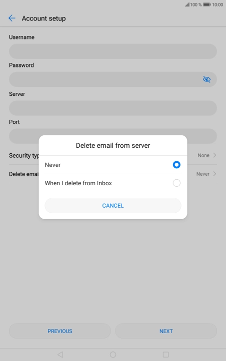 Press Never to keep emails on the server when you delete them on your tablet. Press Never to keep emails on the server when you delete them on your tablet.