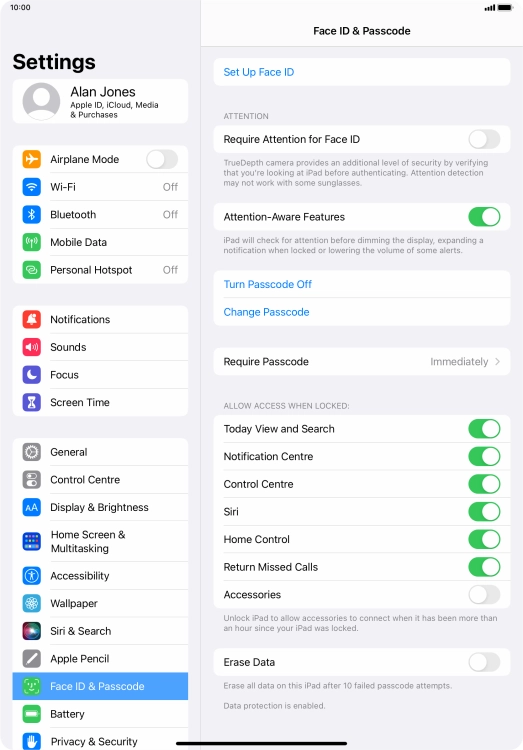 Press the indicator next to 'Erase Data' to turn the function on or off.