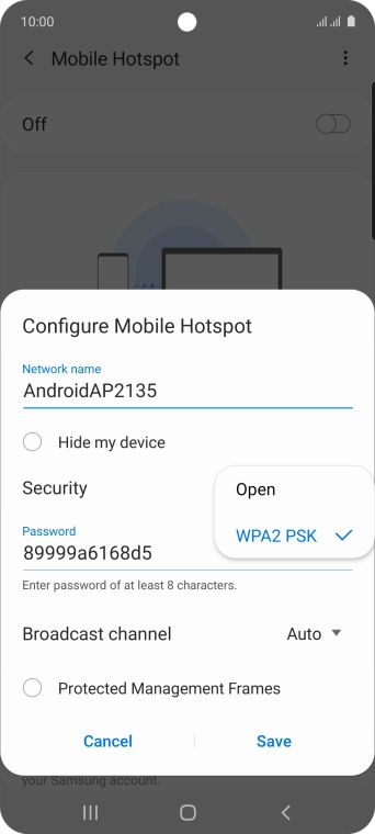 Press WPA2 PSK to password protect your WiFi hotspot.